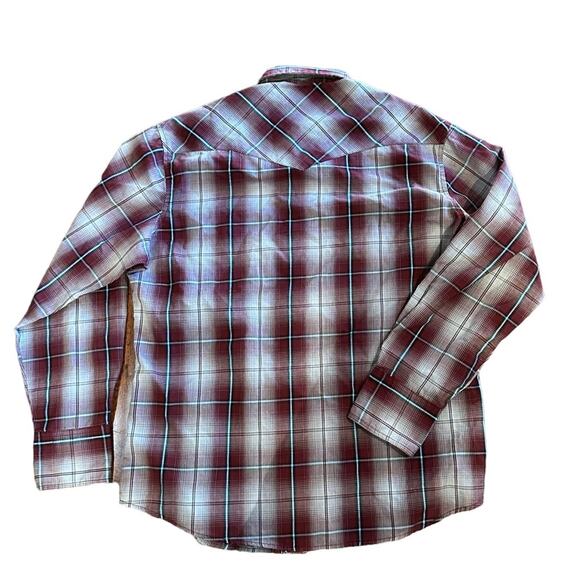 Vintage Wrangler Large Pearl Snap Burgundy Plaid Shirt - Picture 2 of 5